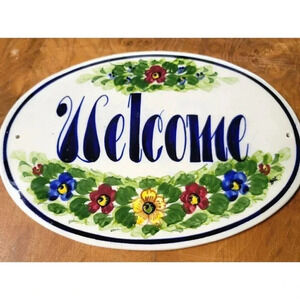 WELCOME SLATE SIGN Flowers Hanging Garden In/Outdoor Hand Paint Oval
